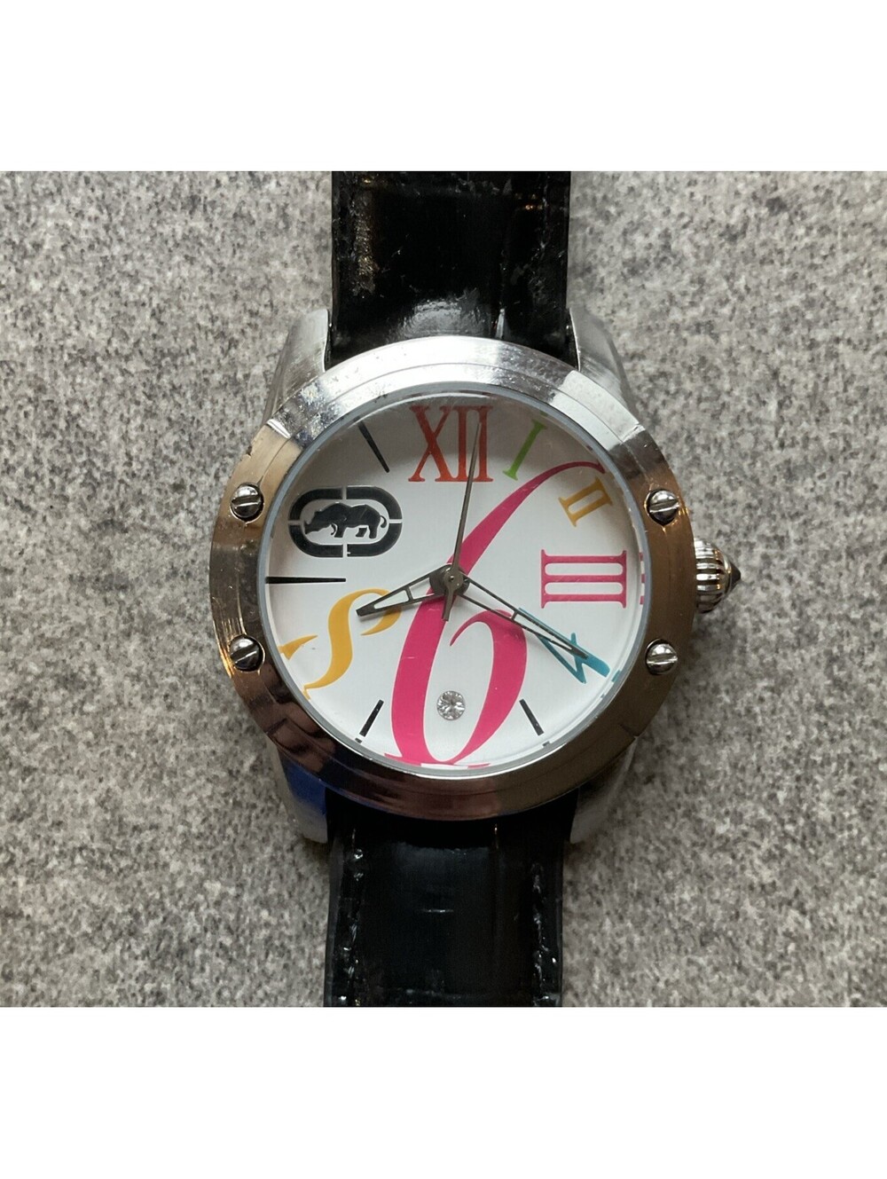 Marc Ecko Watch Women 35mm Silver Tone Case W/Black Leather Band Bin B